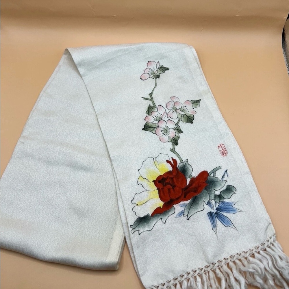 Vintage Small Silk Scarf Hand Painted Flowers Lightweight 43” Long